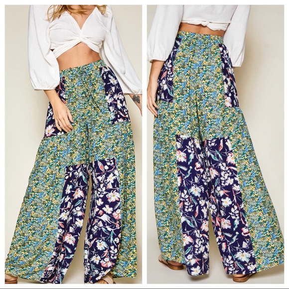 Lindsey boho chic wide leg mixed floral print pants - Picture 2 of 4